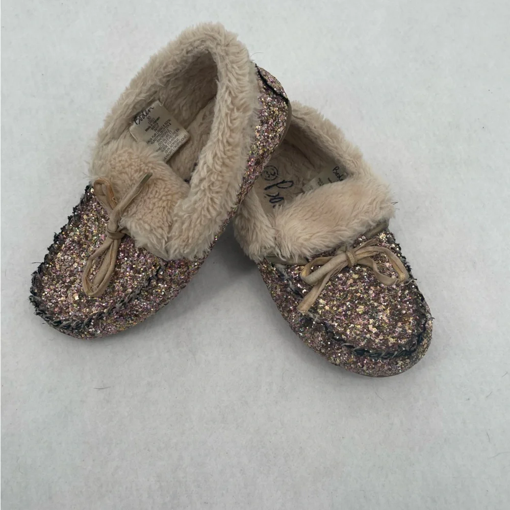 BODEN Girls Sparkly Moccasin Slippers House shoes fur lined size: 30